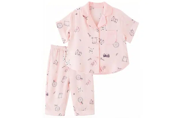 英氏 翻领单排扣印花上衣松紧直筒长裤睡衣套装 儿童款 晶粉