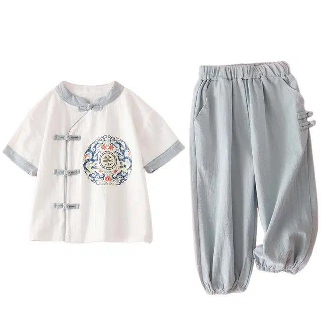 十月妈咪 套头圆领短袖上衣简约百搭亲肤裤子休闲运动套装 儿童款 白色