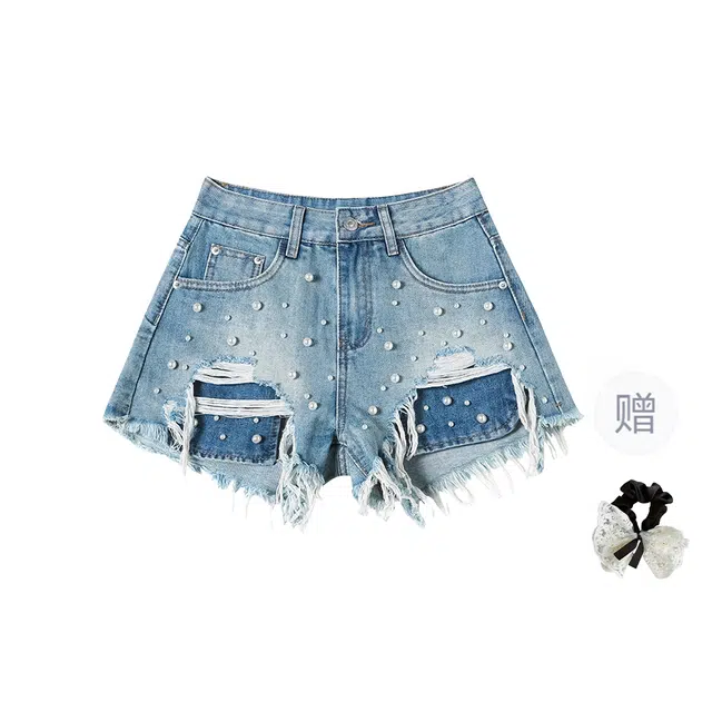 涂诗菲 复古设计感重工毛边钉珠时尚辣妹高腰显瘦破洞牛仔短裤 女款