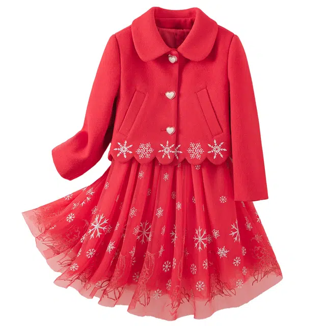 十月妈咪 童装 雪花刺绣翻领单排扣短款外套网纱半身裙裙装套装 女童 喜乐冬雪
