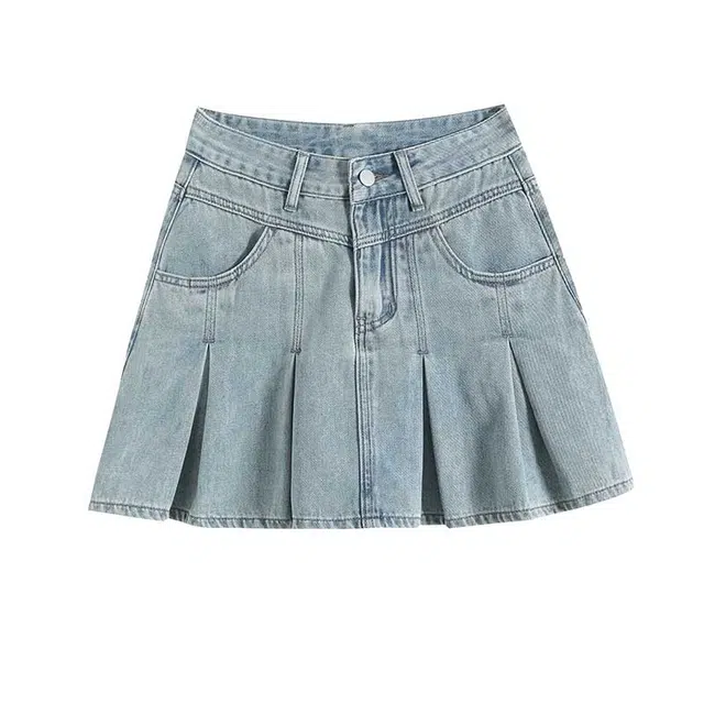 法文箱子 美式夏季复古高腰百褶裙显瘦半身裙牛仔短裙 女款 蓝色