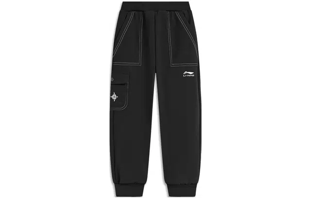 李宁儿童 童装 运动生活系列 纯色中腰束脚抓绒针织运动裤 男童 黑色