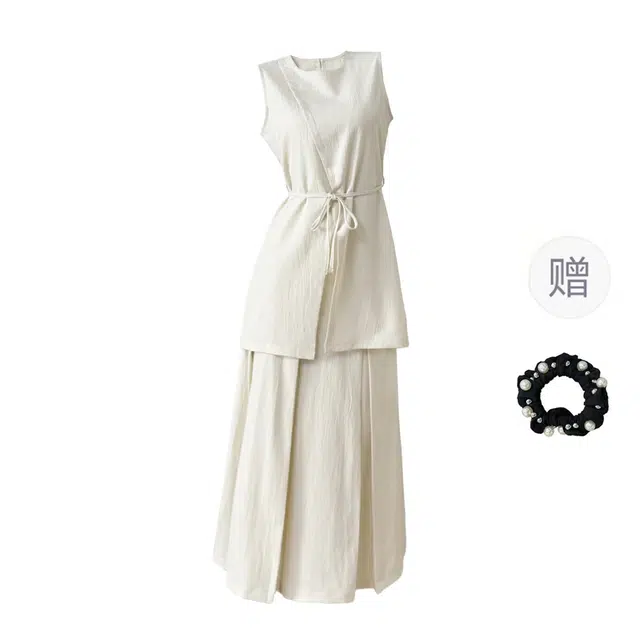 雾闪闪 新中式简约文艺绑带清冷禅意风无袖上衣半身裙两件套裙装套装 女款