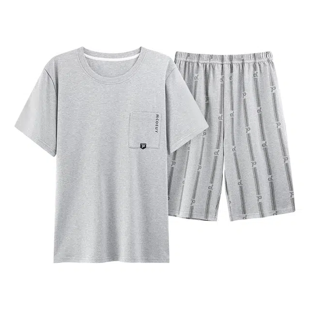 黛尔佳人 短袖短裤透气舒适简约纯色套头睡衣套装 男款