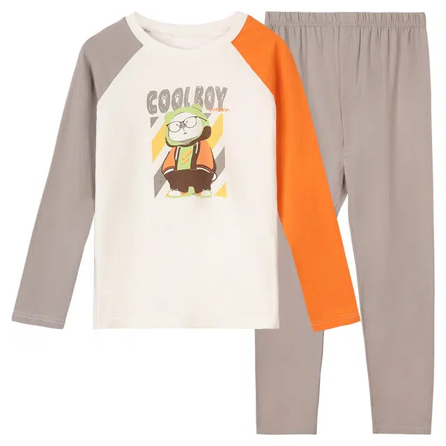 红豆 圆领舒适洋气字母卡通图案插肩长袖长裤内衣套装 中灰青少年