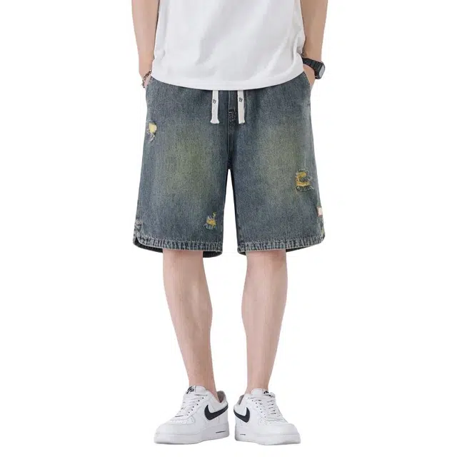 【dme】 破洞水洗做旧舒适透气通勤运动休闲系带中腰直筒宽松百搭五分牛仔短裤 男女同款