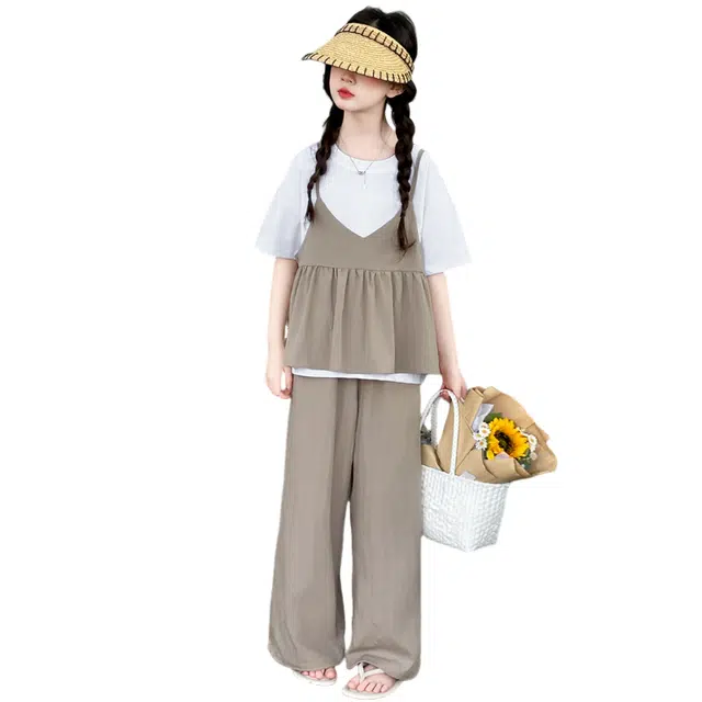 雅鹿休闲运动套装 时尚百搭圆领短袖阔腿裤三件套 图片色 儿童款