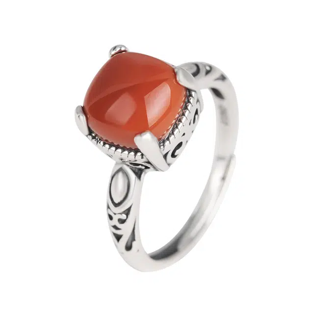 小银匠 方型红色祥云银戒新中式复古宫廷贵气镶嵌玉石天然 玛瑙 戒指 女款