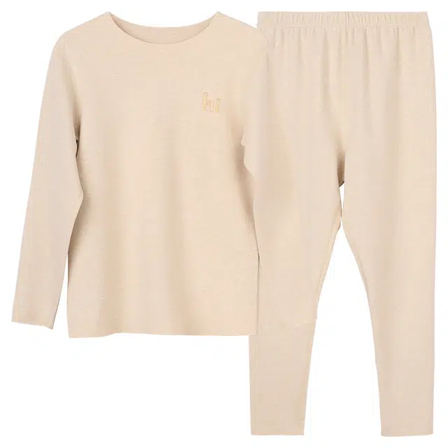 红豆 舒适圆领亲肤透气保暖套装 浅杏青少年