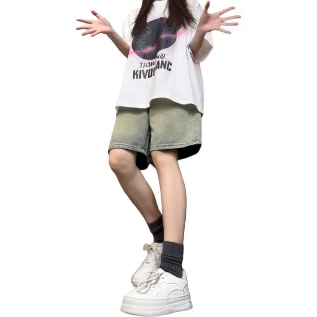 欧迪芬 美式直筒裤宽松复古做旧高街潮流宽松舒适牛仔短裤 女款 黄泥色