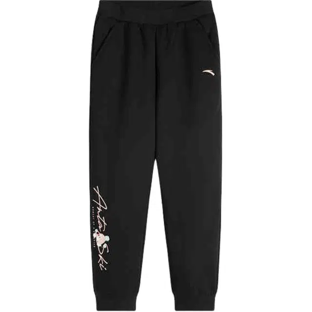 青少年 安踏儿童 中腰舒适透气字母加绒保暖束脚针织运动裤 梦幻黑