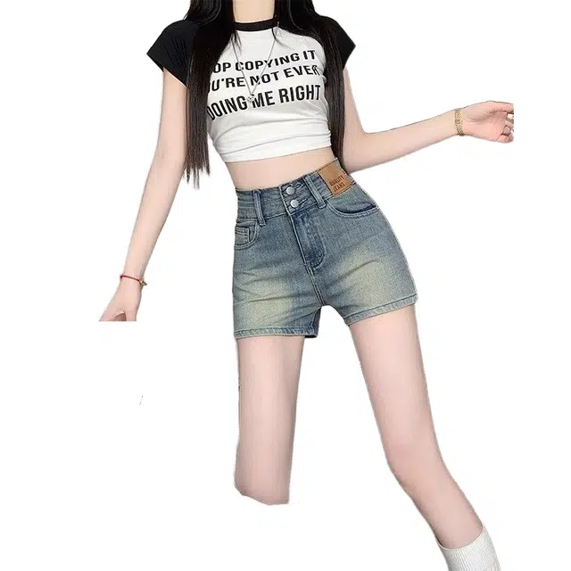 怪力萝莉 休闲高腰修身牛仔短裤 女款 蓝色