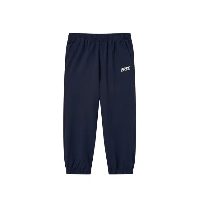 青少年 鸿星尔克儿童 纯色中腰束脚针织运动裤 蓝黑色