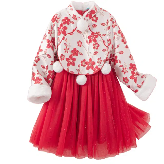 十月妈咪 童装 花卉刺绣立领收腰保暖长袖汉服 女童 喜梦雪球