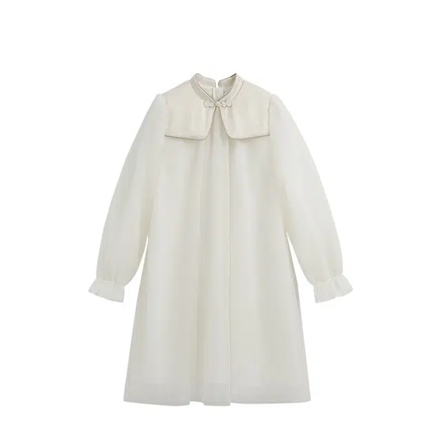 英氏 新中式立领国风网纱长袖连衣裙 米白 青少年