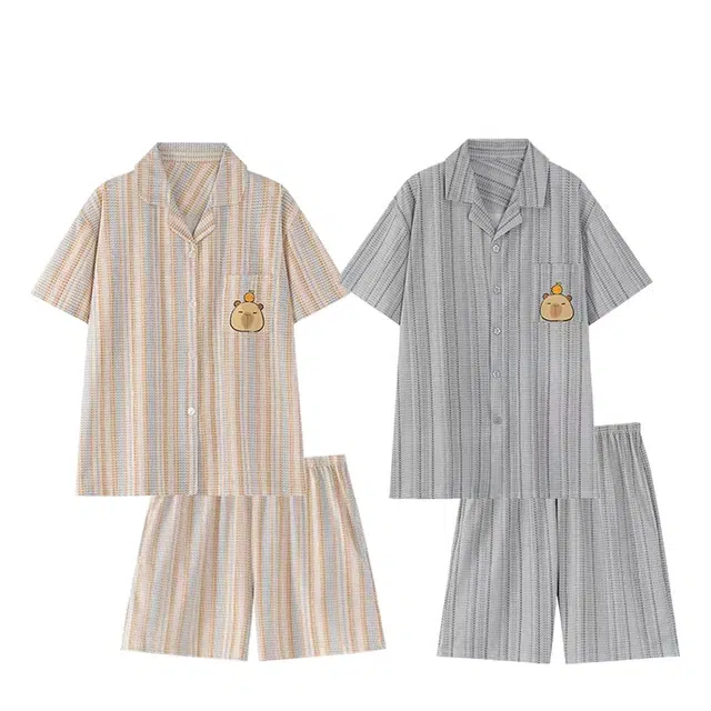 俏韵 翻领卡通短袖卡皮巴拉薄款家居服可外穿睡衣套装 男女同款