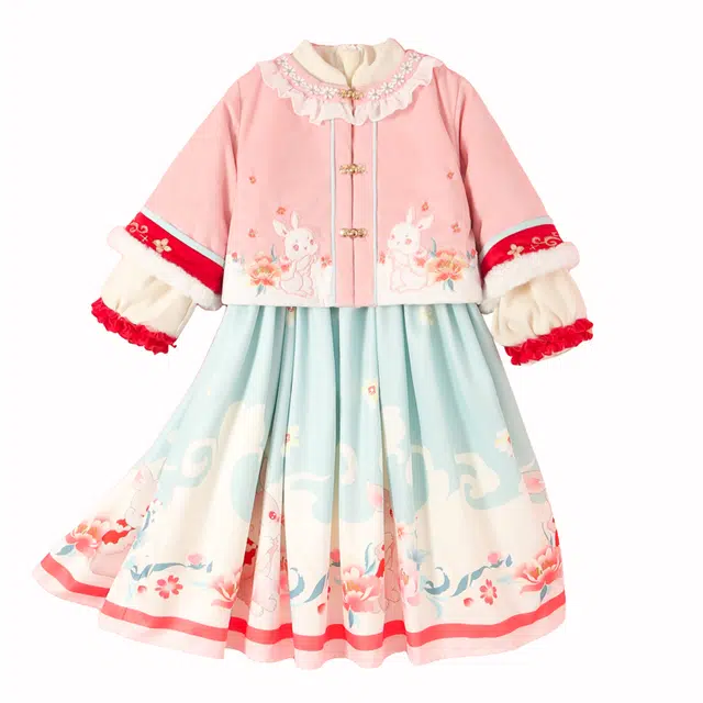 十月妈咪 国风裙子加绒加厚长袖裙装套装 儿童款