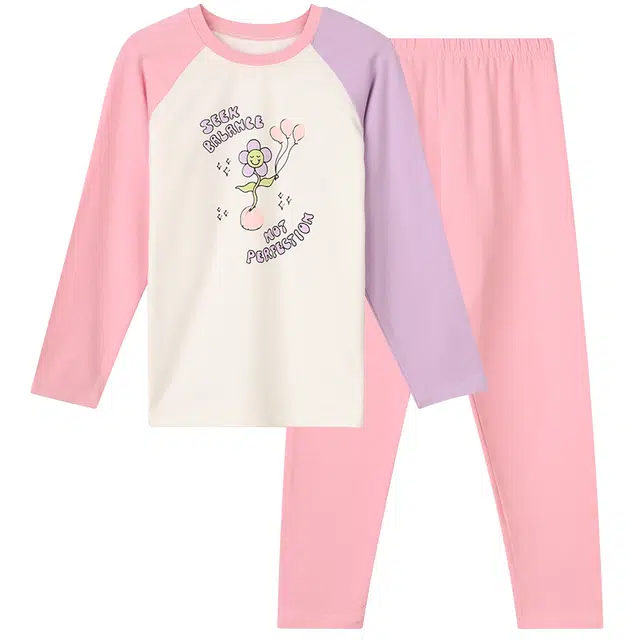 红豆 圆领舒适亲肤插肩长袖上衣柔软长裤内衣套装 粉色青少年