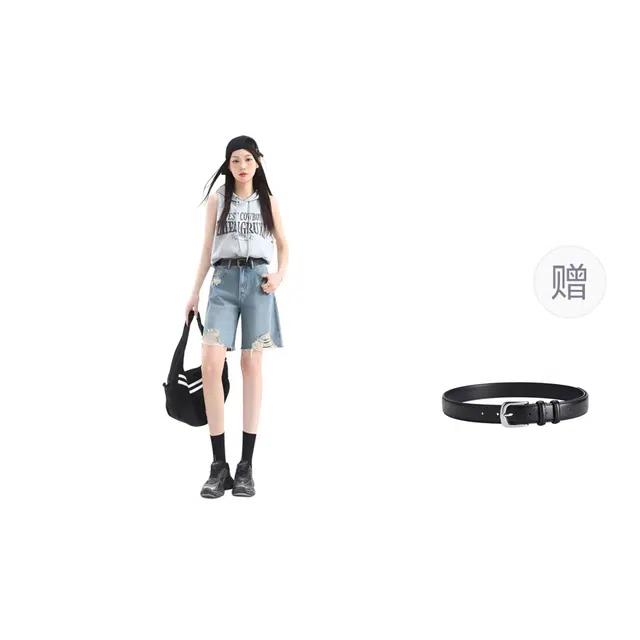 淑好百 通勤舒适五分设计感破洞直筒牛仔短裤 女款 蓝色赠腰带