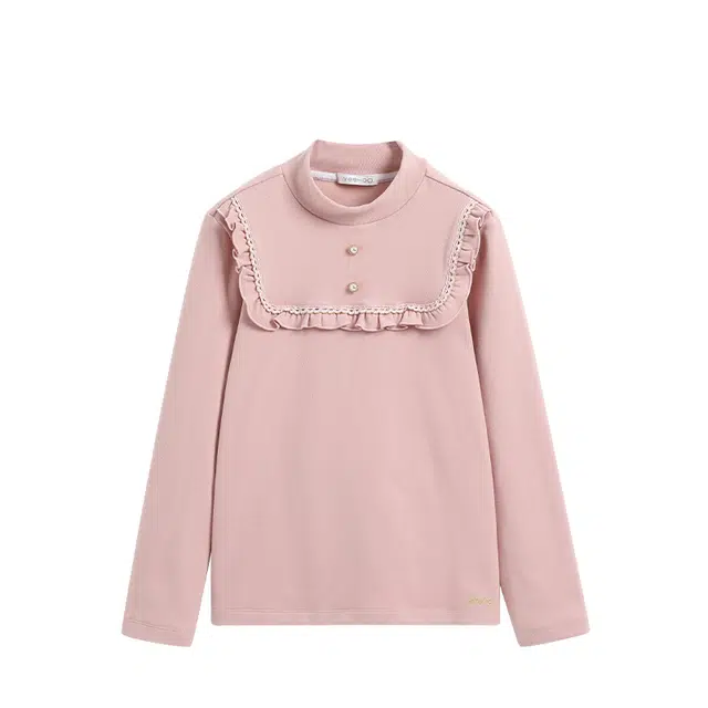 英氏 童装 纯色花边保暖加厚半高领打底衫长袖保暖上装 冬季 女童
