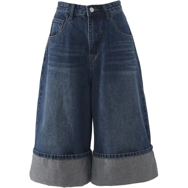 拾籍 美式复古高腰宽松七分裤翻边阔腿裤百搭休闲直筒牛仔短裤 女款