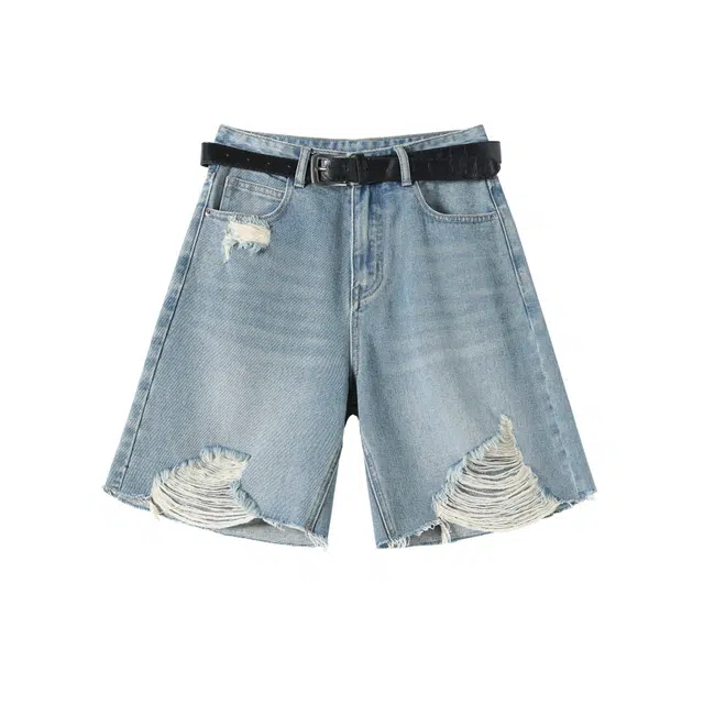 玫丝朵 港风经典百搭破洞设计宽松简约牛仔短裤 女款 蓝色