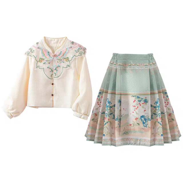 十月妈咪 春秋单排扣立领休闲长袖上衣松紧腰马面裙汉服 儿童款 绿果巧兔