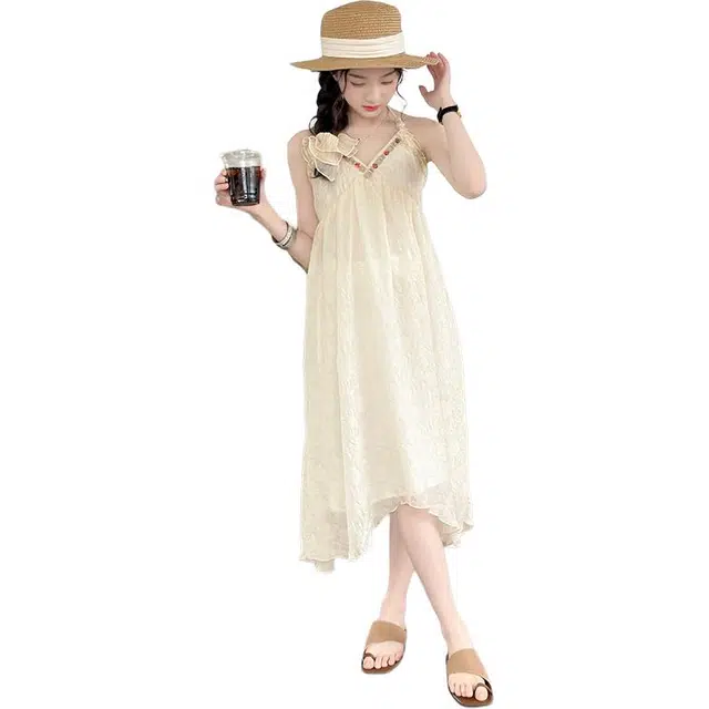 雅鹿连衣裙 舒适极简清新吊带 米白色 儿童款