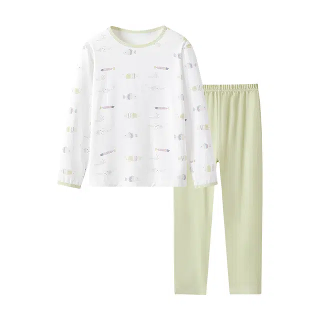 大童 英氏 简约圆领套头长袖上衣松紧腰舒适长裤睡衣套装 绿色