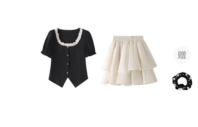 雾闪闪 法式赫本风不规则显瘦短袖上衣高腰蓬蓬短裙大码裙装套装 女款