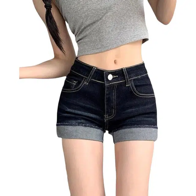 怪力萝莉 水洗翻边高腰修身热裤通勤牛仔短裤 女款 深蓝色