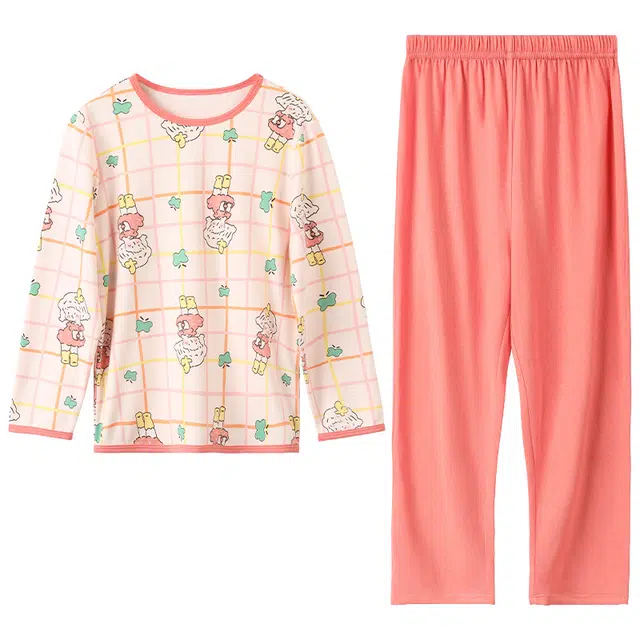 儿童款 红豆 轻薄舒适长袖上衣纯色亲肤长裤睡衣套装 海天霞