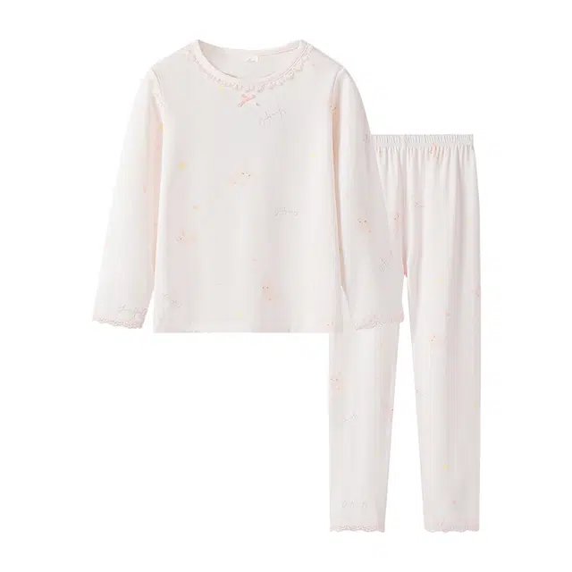 英氏 简约圆领套头长袖上衣松紧腰修身长裤睡衣套装 儿童款 粉色