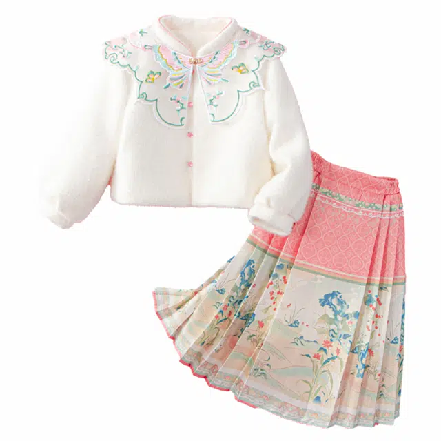 十月妈咪 童装 厚款绒感外套国风裙子裙装套装 儿童款