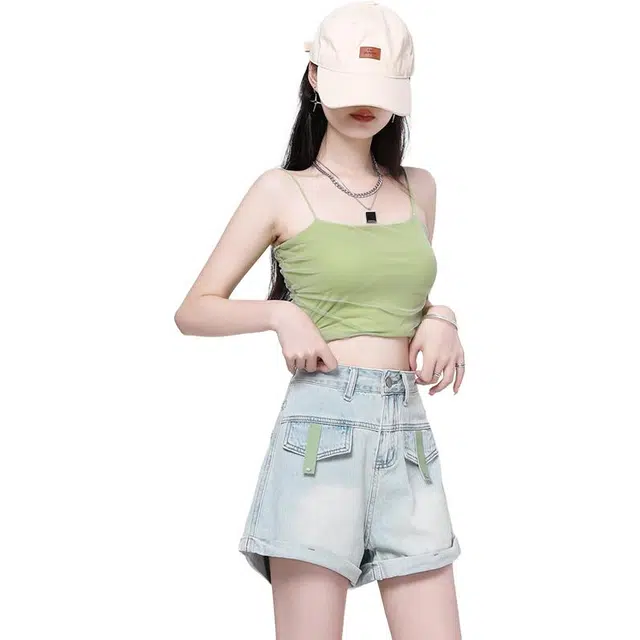 新世家族 美式高街设计感口袋辣妹风高腰时尚百搭宽松花苞卷边阔腿牛仔短裤 女款 浅蓝色