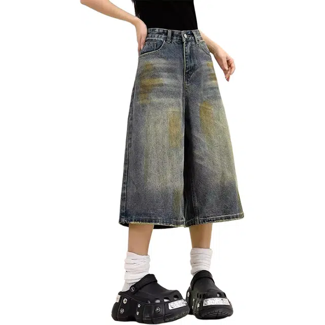 欧迪芬 七分高腰显瘦宽松做旧水洗直筒牛仔短裤 女款 蓝色