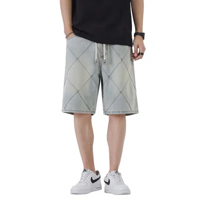 【dme】 美式复古菱格设计时尚潮流透气五分裤休闲宽松直筒日常百搭牛仔短裤 男女同款