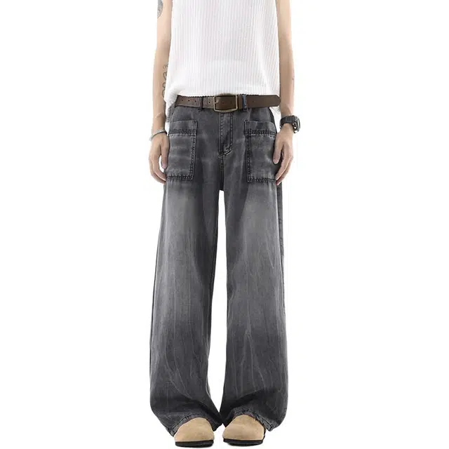 单爵 美式潮牌直筒宽松水洗垂感休闲薄款牛仔裤 男女同款