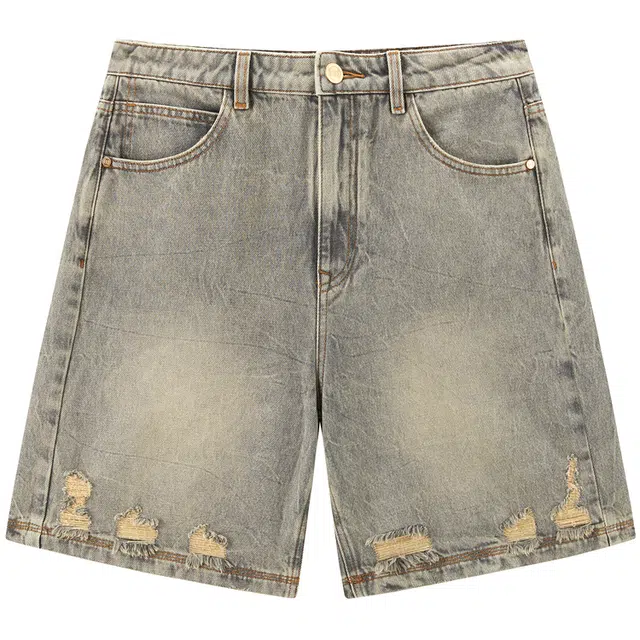 太平鸟 高腰宽松直筒复古水洗牛仔短裤 女款 黑麦褐