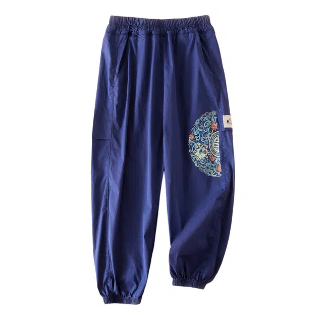 十月妈咪 纯色印花松紧腰百搭束脚休闲裤 儿童款 藏青