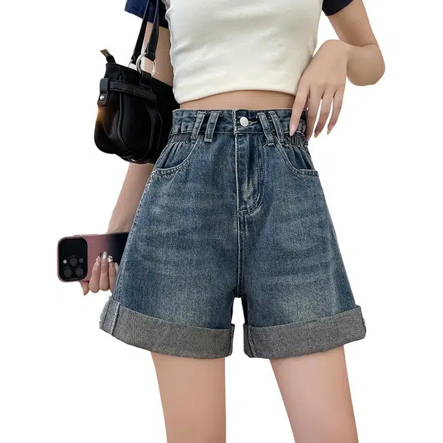 沐晓欣 卷边高腰宽松遮胯显瘦阔腿牛仔短裤 女款 复古蓝