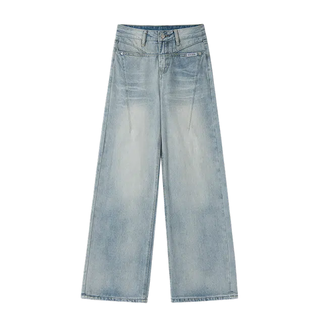 识恩 复古高腰宽松 美式前开袋设计阔腿牛仔裤 女款