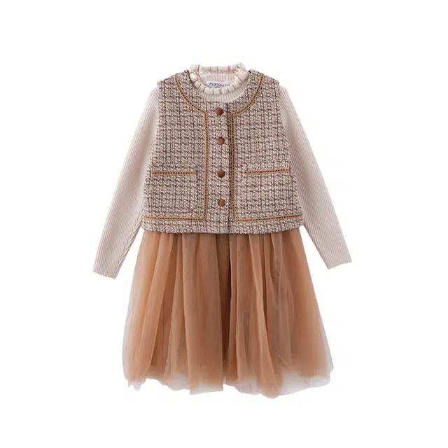 玛米玛卡 时尚圆领亲肤上衣休闲舒适裙子长袖裙装套装 橘黄青少年