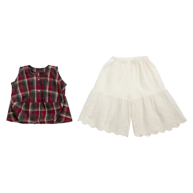 木木兔休闲运动套装 时尚女童夏季格子蕾丝裙裤两件套 图片色 儿童款