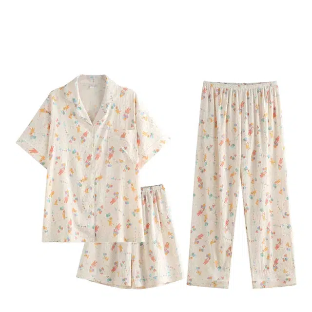 俏韵 翻领卡通短袖三件套开衫宽松甜美家居服可外穿睡衣套装 女款