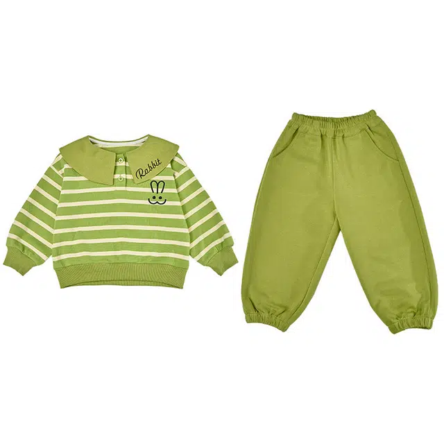 木木兔休闲运动套装 亲肤柔软条纹洋气 绿色 中小童
