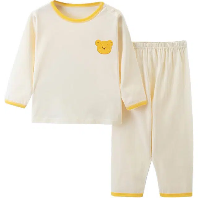 中童 顶瓜瓜 简约圆领纯棉长袖睡衣套装 米色小熊