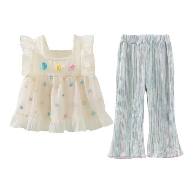 儿童款 蓝精灵 方领可爱短袖上衣简约百搭透气裤子休闲运动套装 杏色