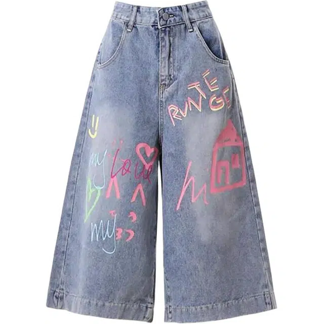 哒头下雨不愁 夏季美式潮流水洗字母涂鸦设计宽松牛仔短裤 女款 蓝色