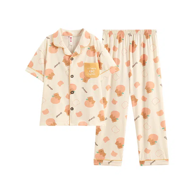 儿童款 芬腾 翻领舒适亲肤短袖上衣松紧腰长裤睡衣套装 浅桔